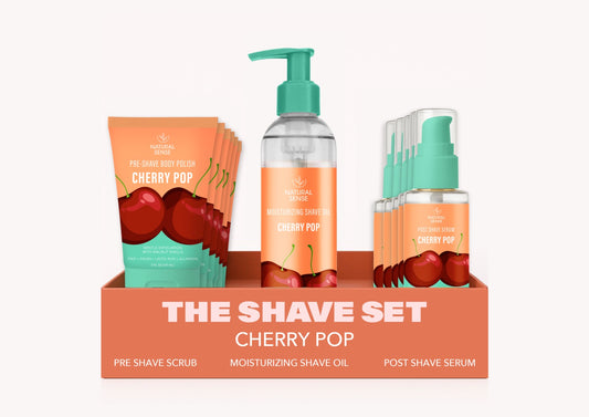 Natural Sense Shave Oil - Cherry Pop, Natural Sense Pre-Shave Scrub - Cherry Pop, Natural Sense Post-Shave Serum - Cherry Pop