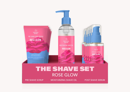 Natural Sense Shave Oil Rose Glow, Natural Sense Pre-Shave Scrub - Rose Glow, Natural Sense Post-Shave Serum - Rose Glow